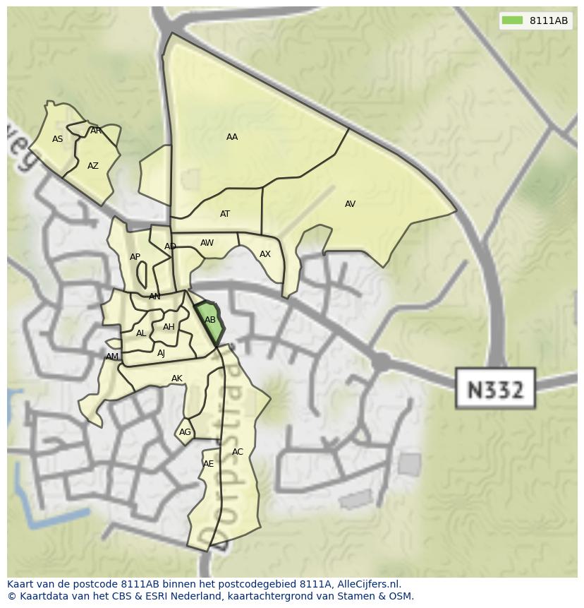 Afbeelding van het postcodegebied 8111 AB op de kaart.