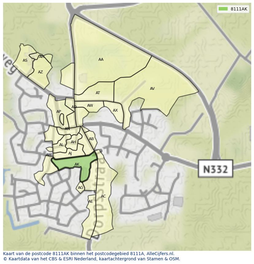 Afbeelding van het postcodegebied 8111 AK op de kaart.