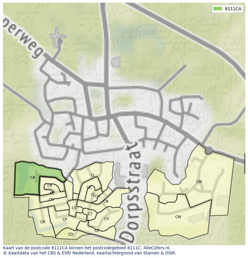 Afbeelding van het postcodegebied 8111 CA op de kaart.