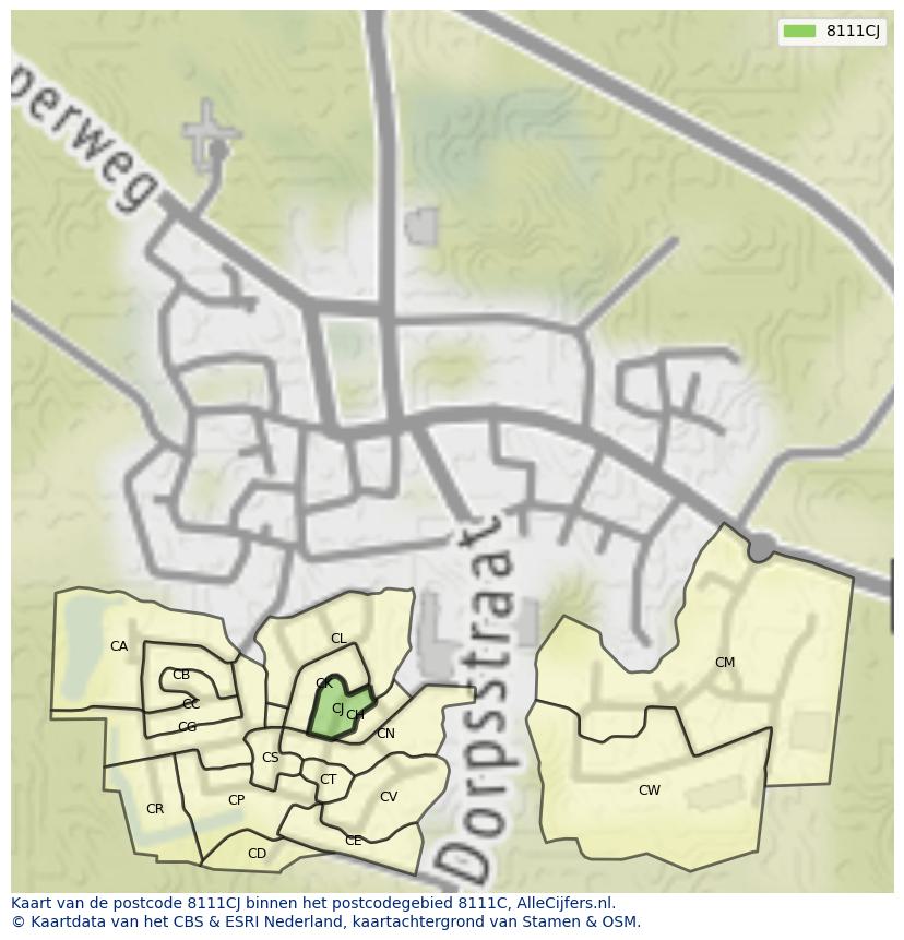 Afbeelding van het postcodegebied 8111 CJ op de kaart.