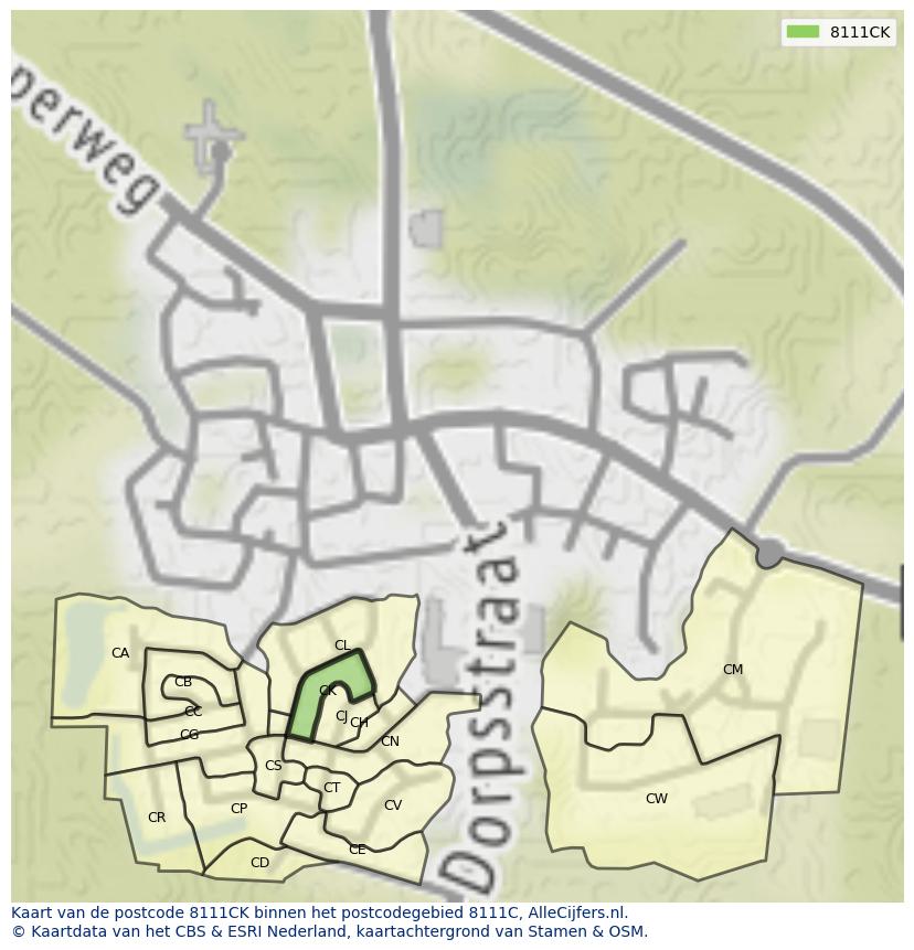 Afbeelding van het postcodegebied 8111 CK op de kaart.