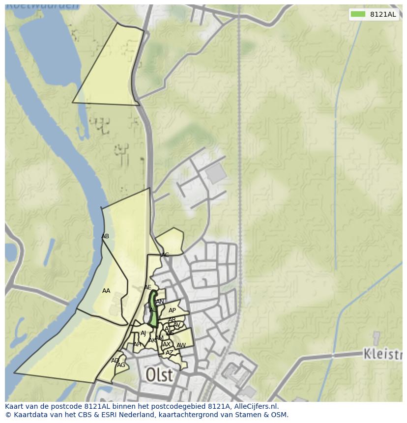 Afbeelding van het postcodegebied 8121 AL op de kaart.