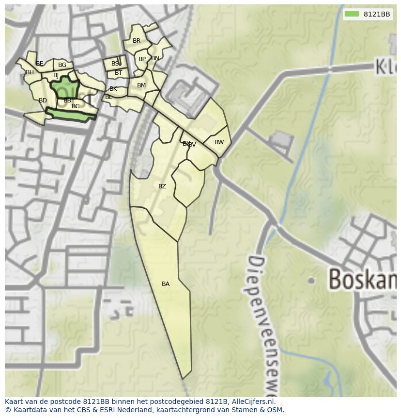 Afbeelding van het postcodegebied 8121 BB op de kaart.