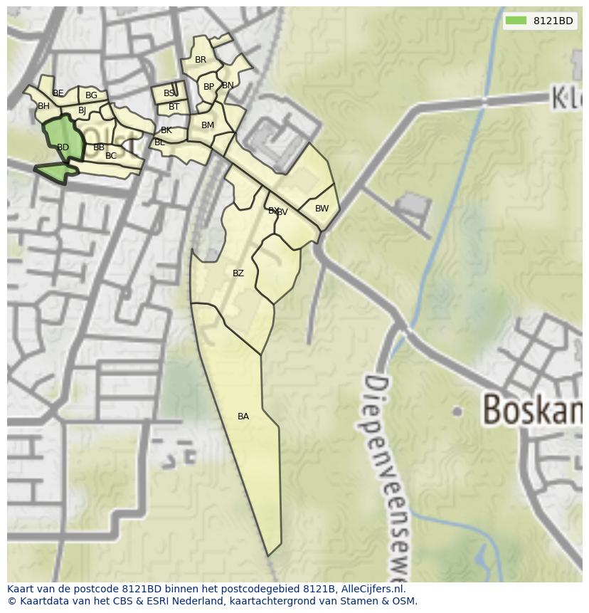 Afbeelding van het postcodegebied 8121 BD op de kaart.