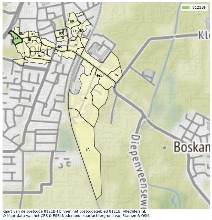 Afbeelding van het postcodegebied 8121 BH op de kaart.