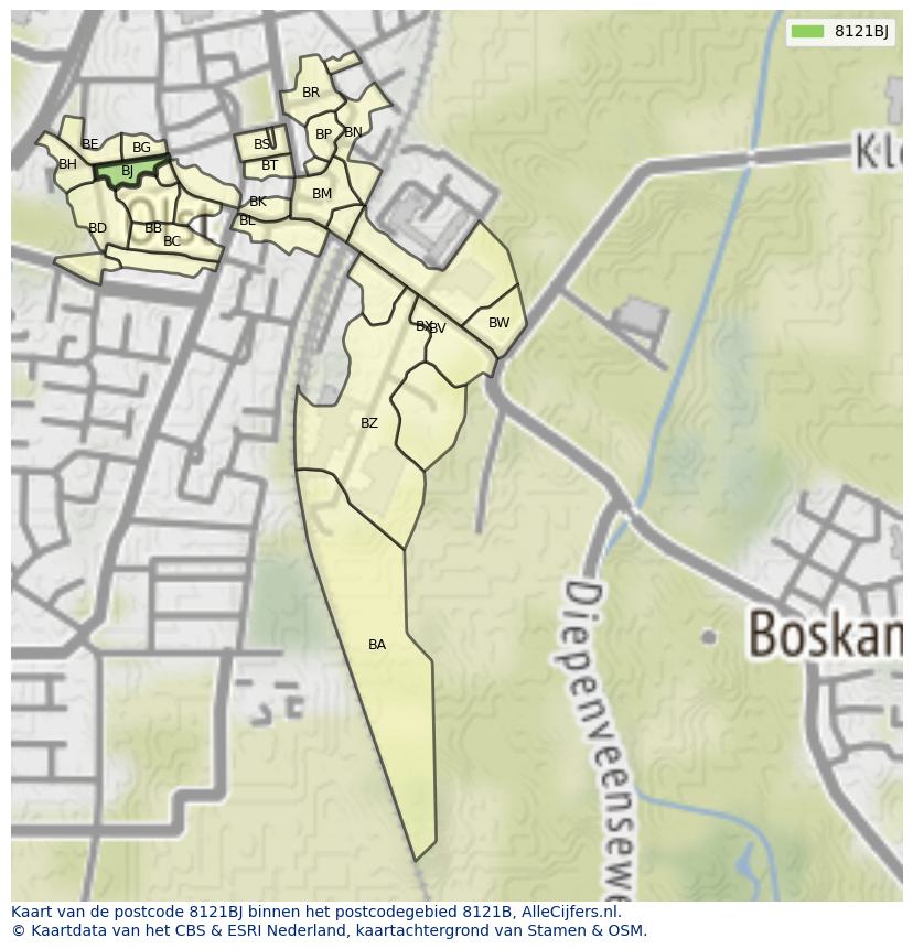 Afbeelding van het postcodegebied 8121 BJ op de kaart.