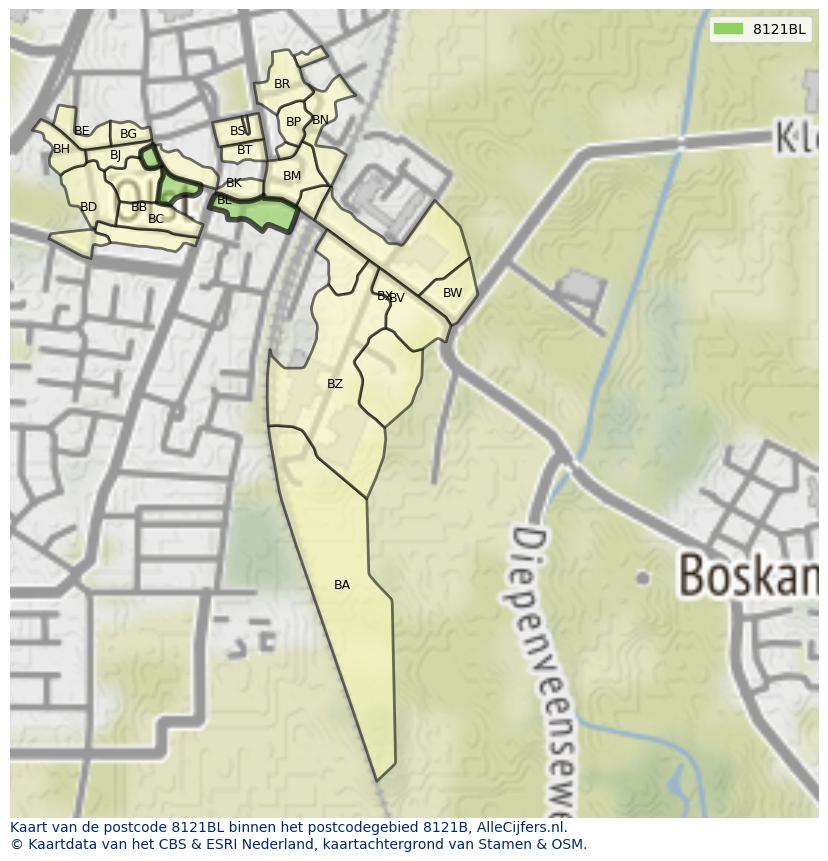 Afbeelding van het postcodegebied 8121 BL op de kaart.