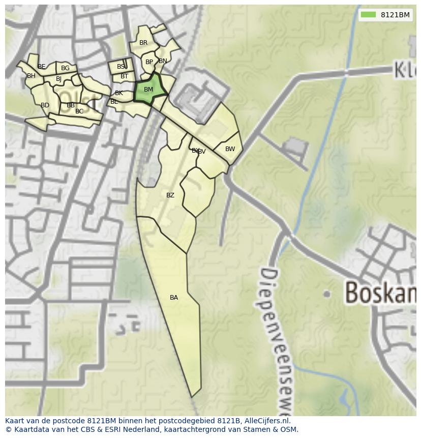 Afbeelding van het postcodegebied 8121 BM op de kaart.