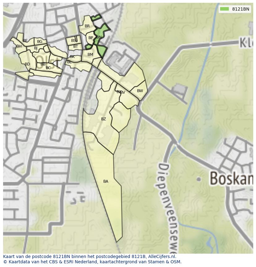 Afbeelding van het postcodegebied 8121 BN op de kaart.