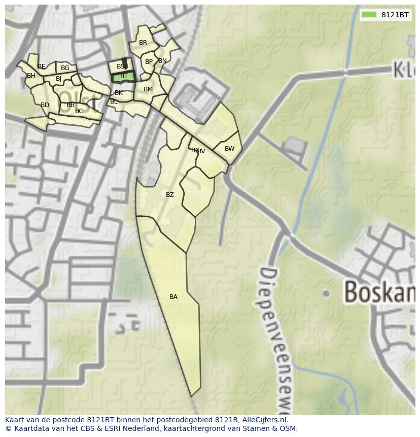 Afbeelding van het postcodegebied 8121 BT op de kaart.