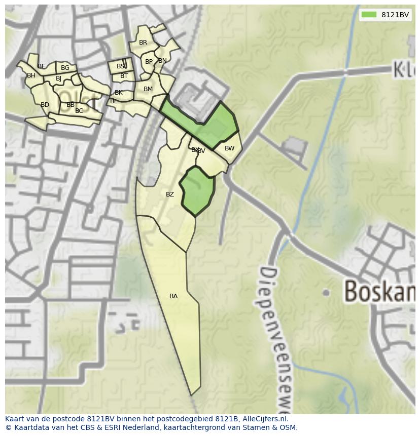 Afbeelding van het postcodegebied 8121 BV op de kaart.