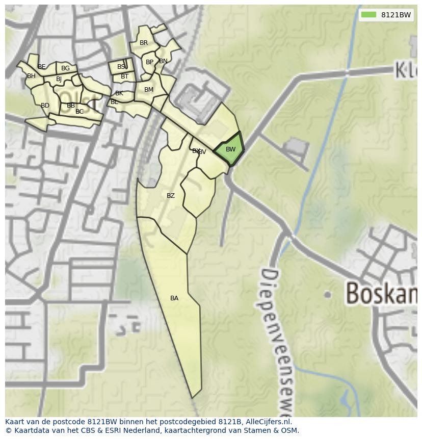 Afbeelding van het postcodegebied 8121 BW op de kaart.