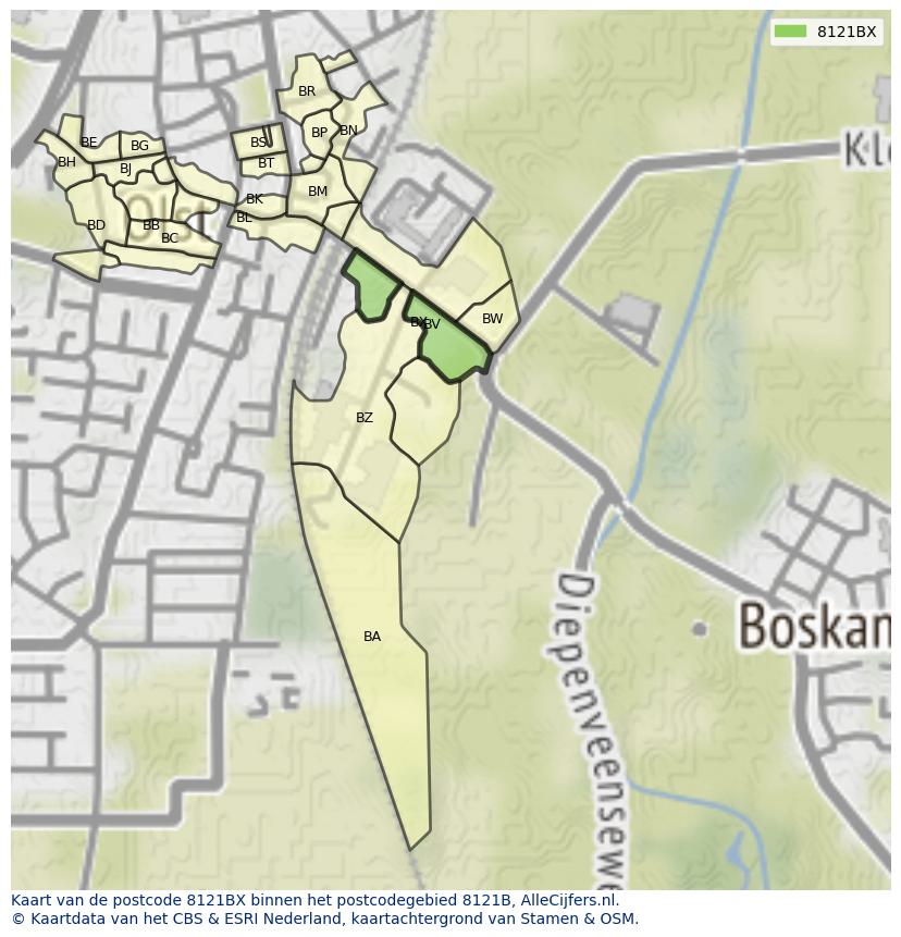 Afbeelding van het postcodegebied 8121 BX op de kaart.