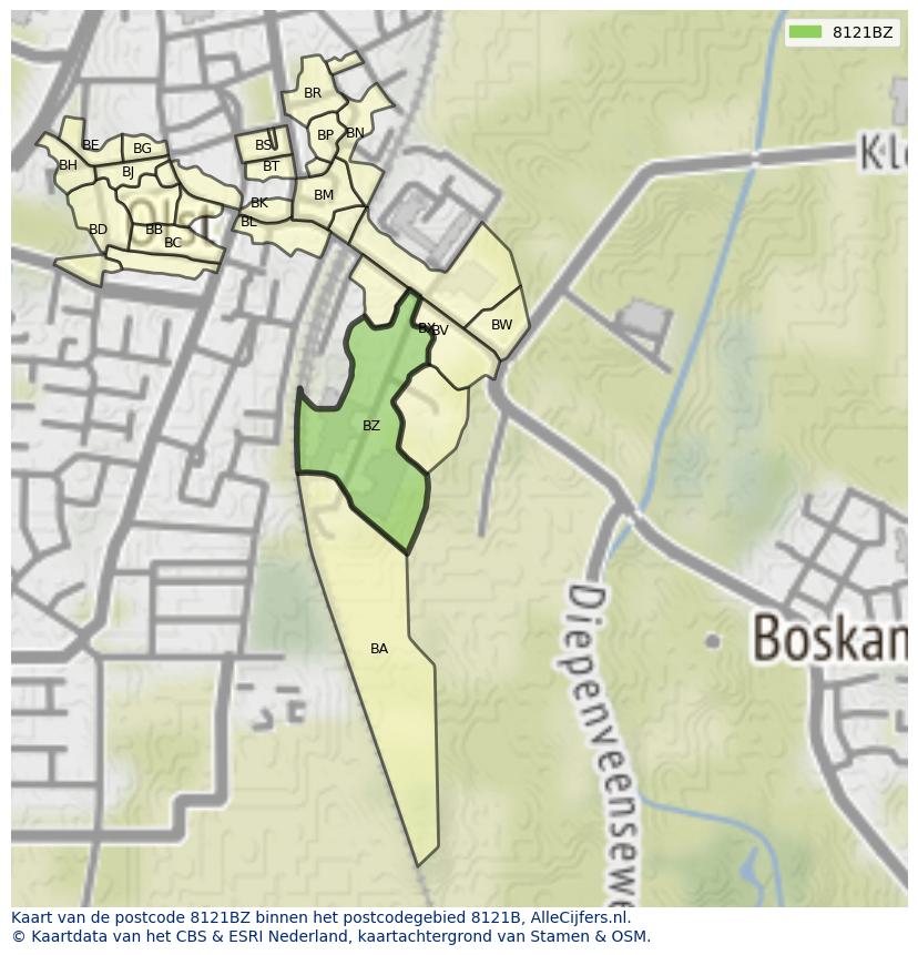 Afbeelding van het postcodegebied 8121 BZ op de kaart.
