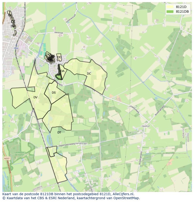 Afbeelding van het postcodegebied 8121 DB op de kaart.