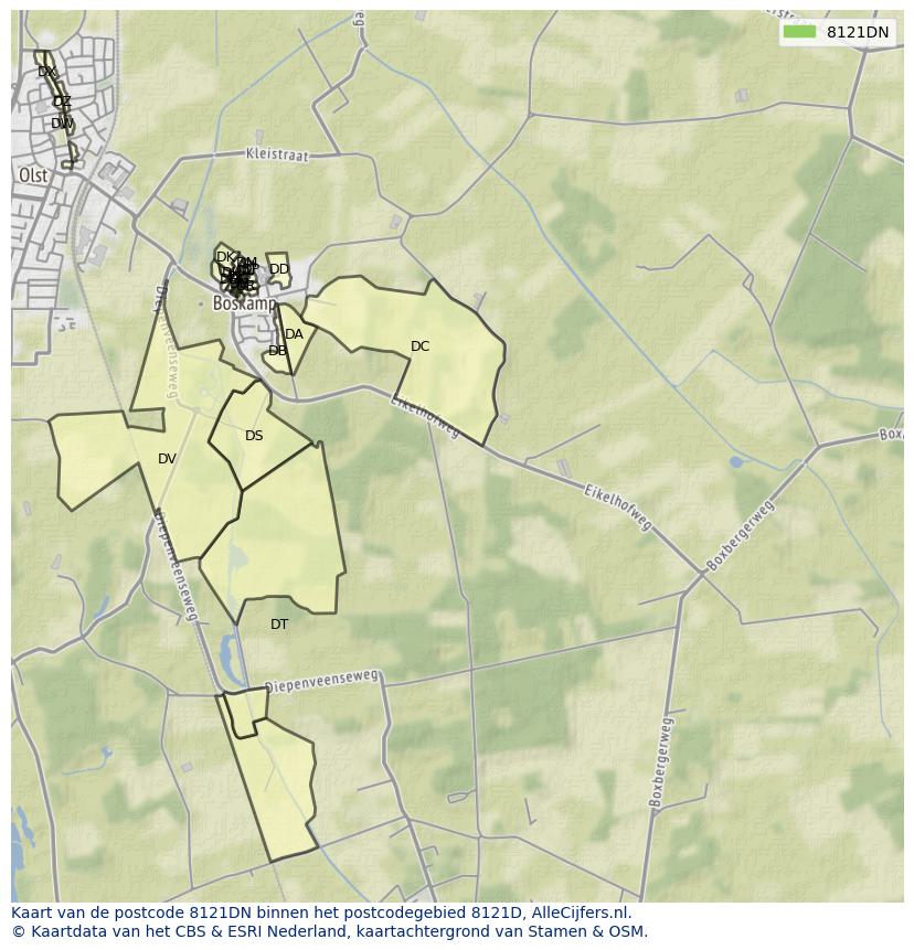 Afbeelding van het postcodegebied 8121 DN op de kaart.