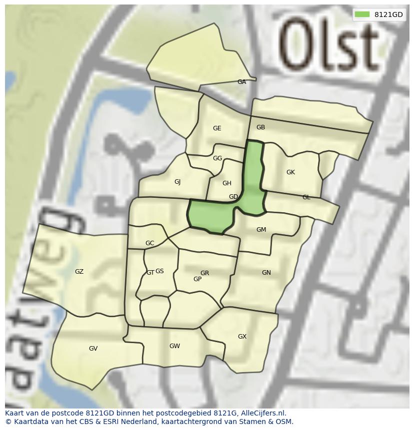 Afbeelding van het postcodegebied 8121 GD op de kaart.