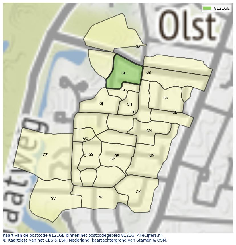 Afbeelding van het postcodegebied 8121 GE op de kaart.