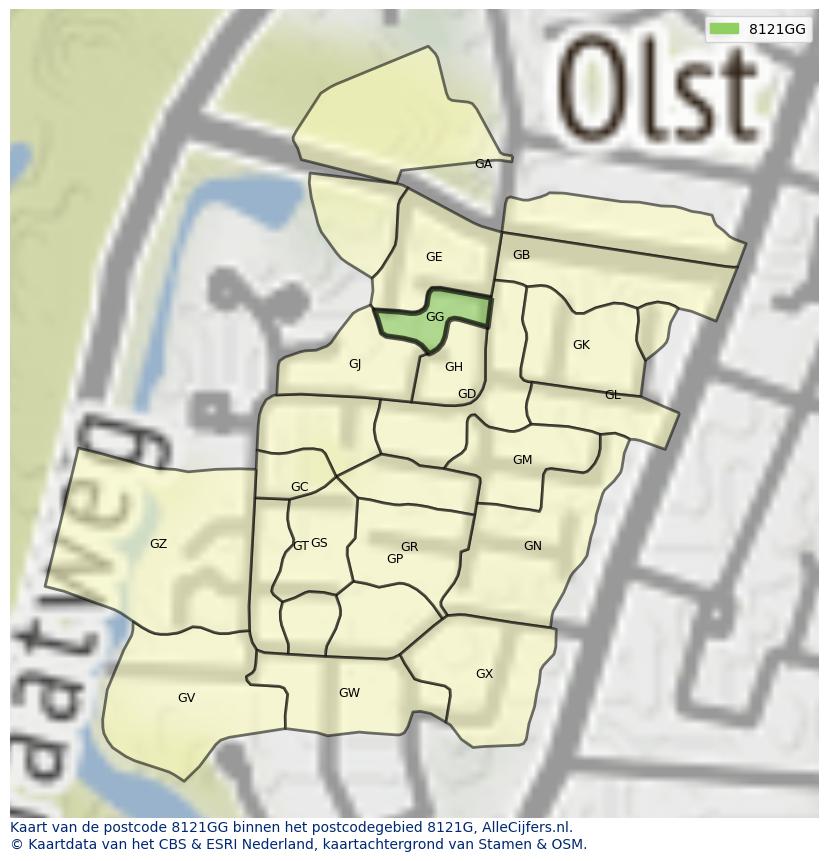 Afbeelding van het postcodegebied 8121 GG op de kaart.