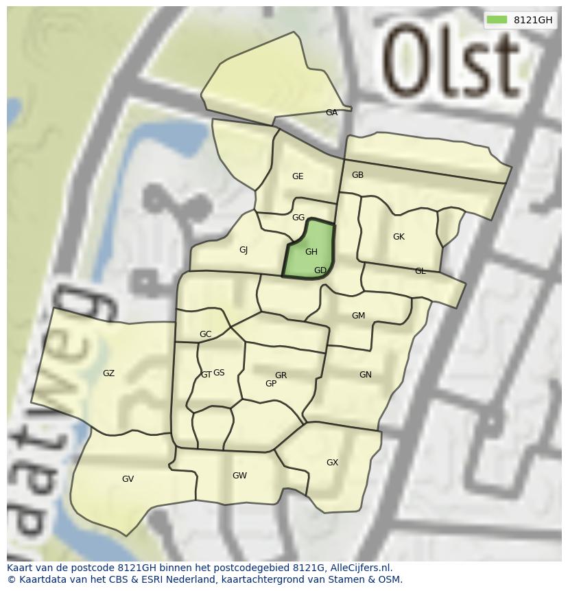Afbeelding van het postcodegebied 8121 GH op de kaart.