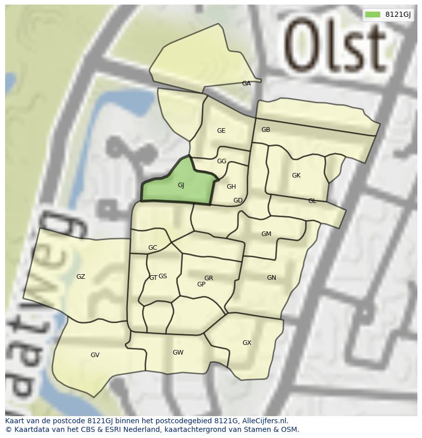 Afbeelding van het postcodegebied 8121 GJ op de kaart.