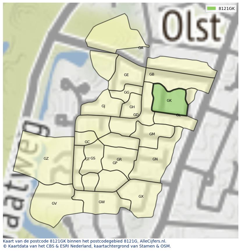 Afbeelding van het postcodegebied 8121 GK op de kaart.