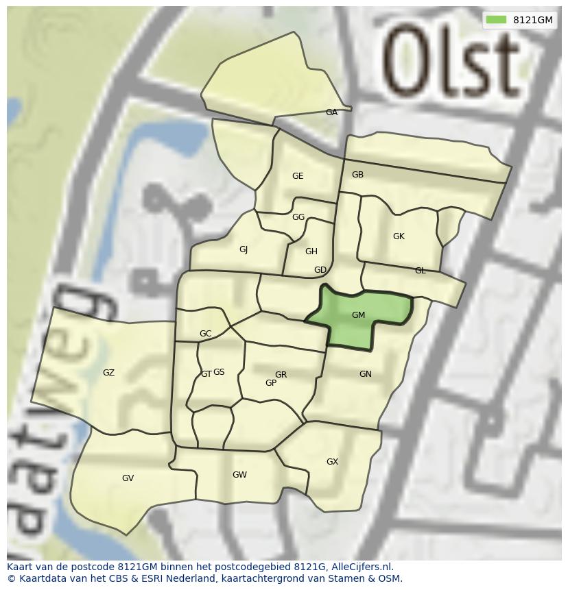 Afbeelding van het postcodegebied 8121 GM op de kaart.