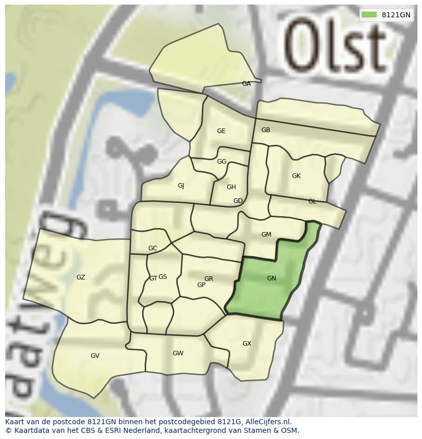 Afbeelding van het postcodegebied 8121 GN op de kaart.