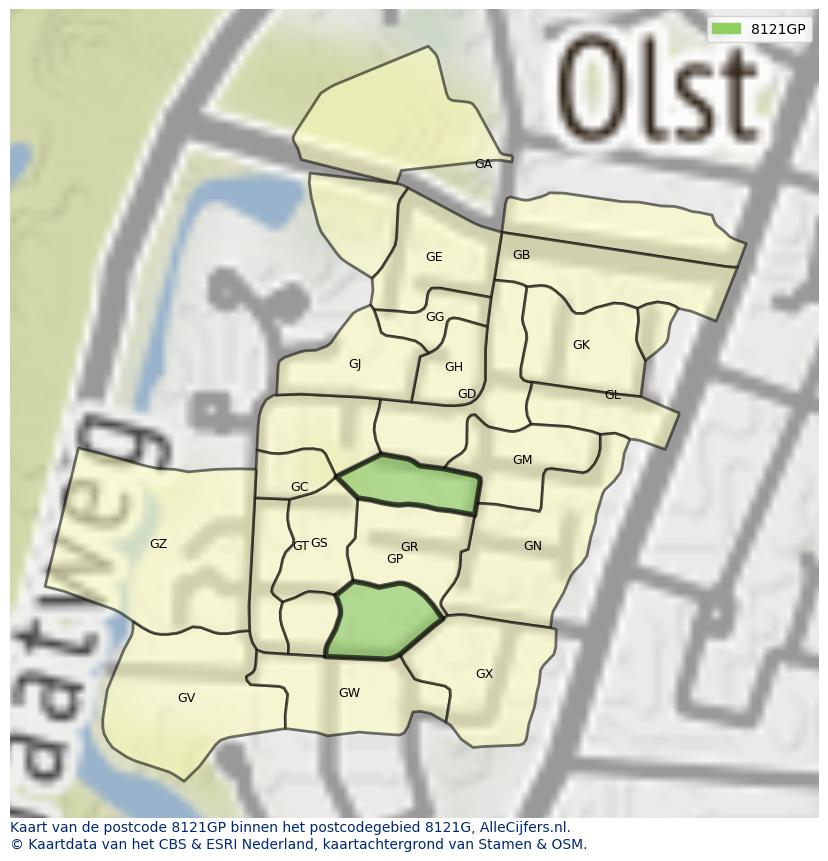 Afbeelding van het postcodegebied 8121 GP op de kaart.