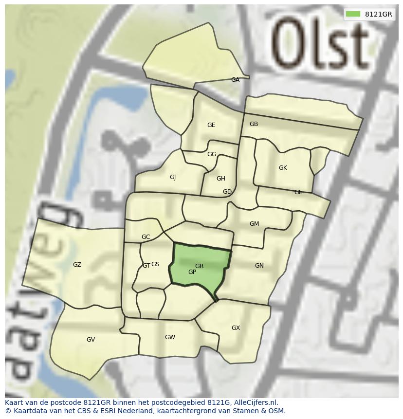 Afbeelding van het postcodegebied 8121 GR op de kaart.
