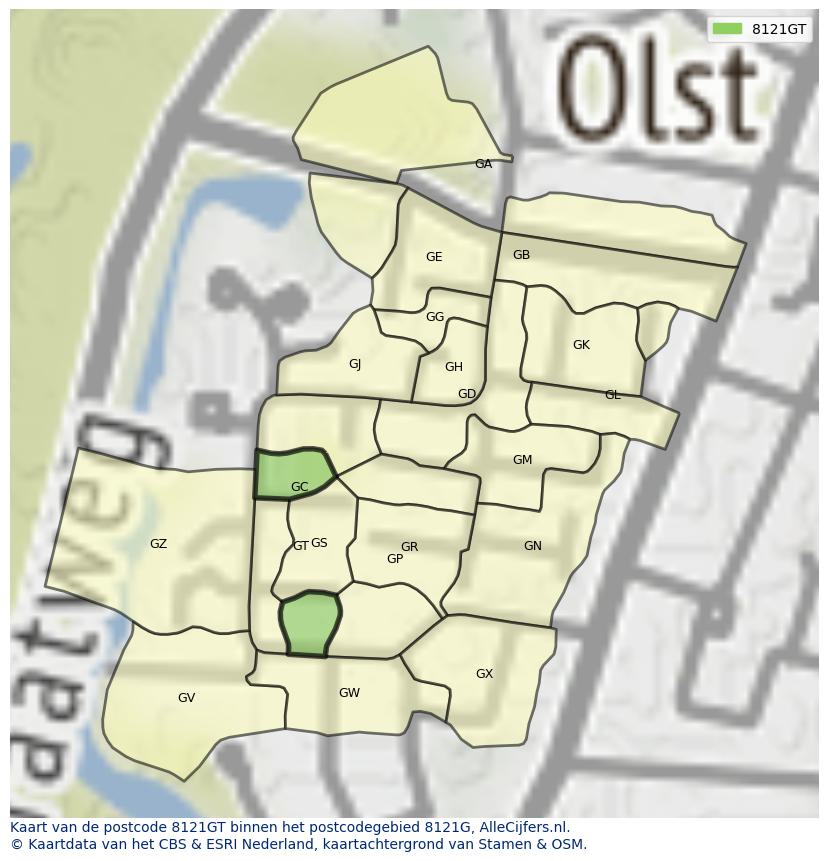 Afbeelding van het postcodegebied 8121 GT op de kaart.