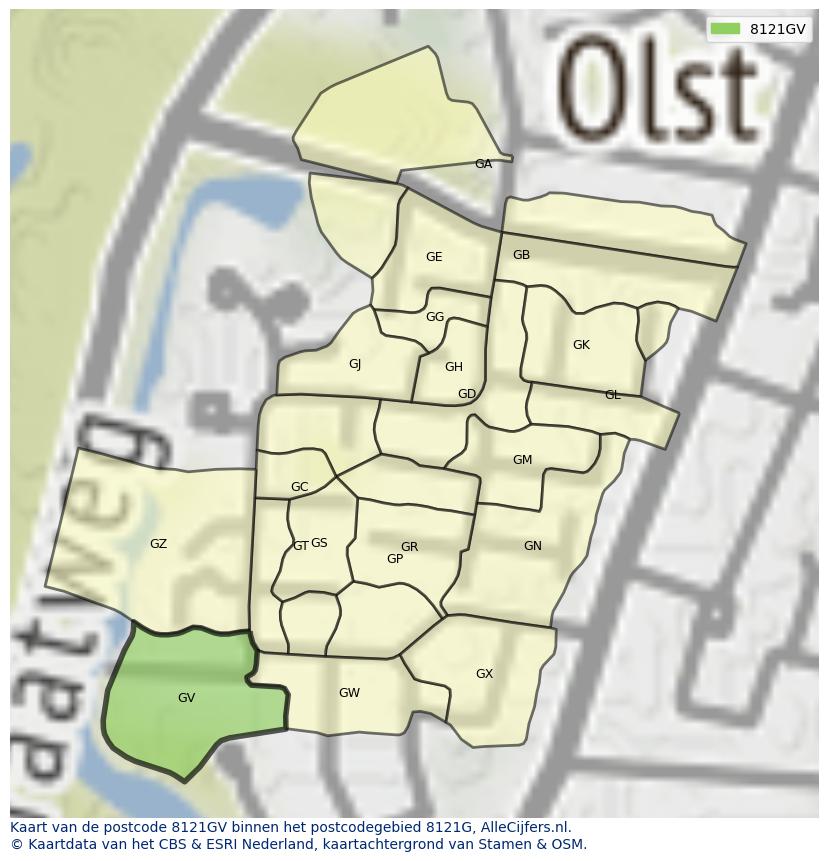 Afbeelding van het postcodegebied 8121 GV op de kaart.