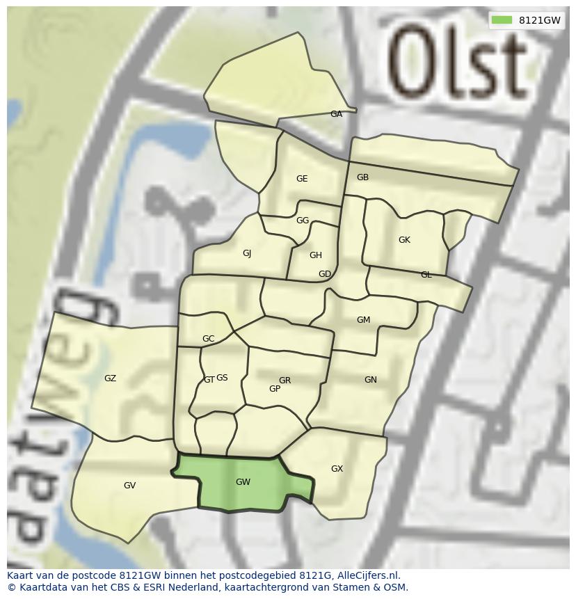 Afbeelding van het postcodegebied 8121 GW op de kaart.