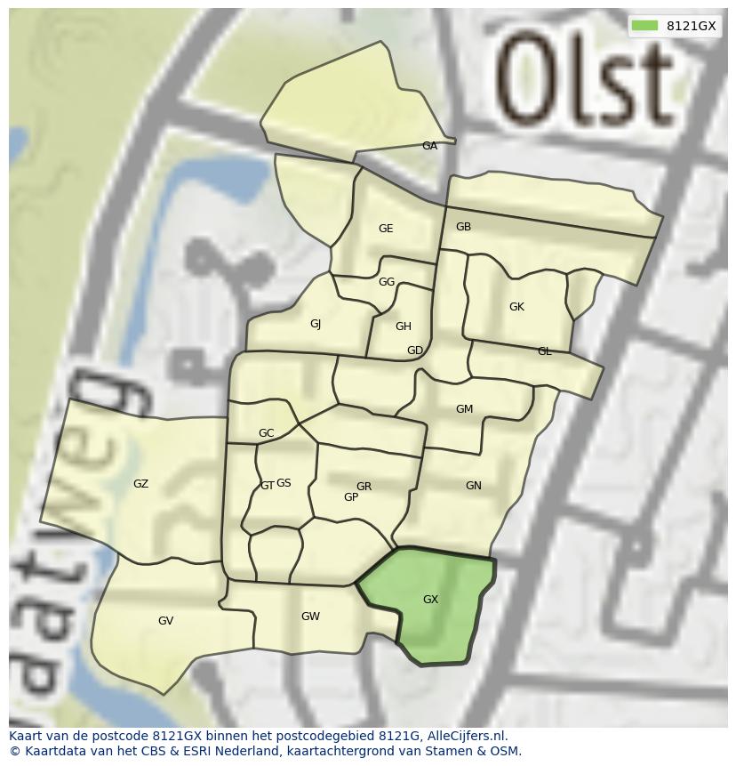 Afbeelding van het postcodegebied 8121 GX op de kaart.