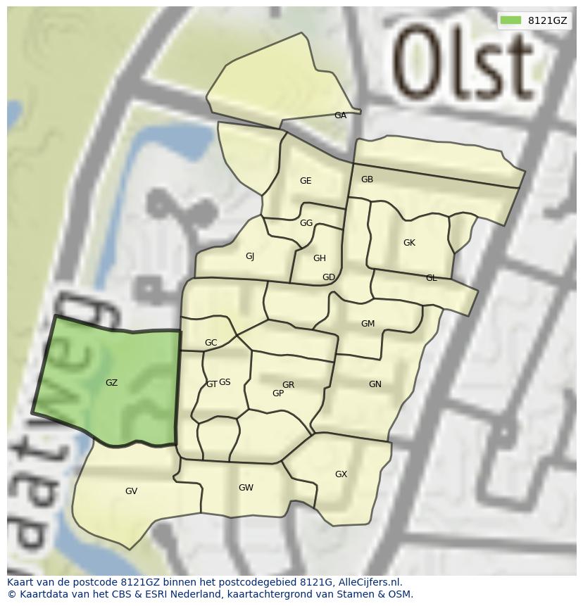 Afbeelding van het postcodegebied 8121 GZ op de kaart.