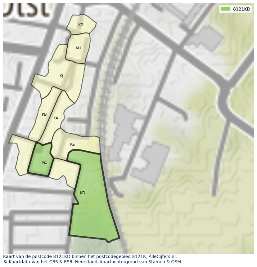 Afbeelding van het postcodegebied 8121 KD op de kaart.