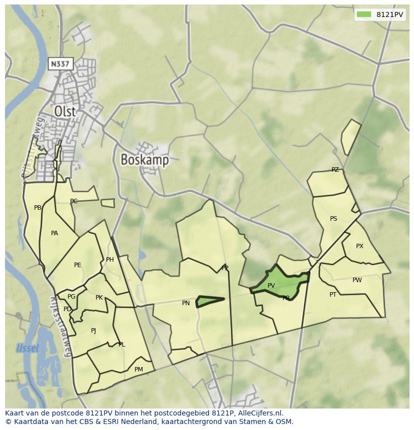 Afbeelding van het postcodegebied 8121 PV op de kaart.