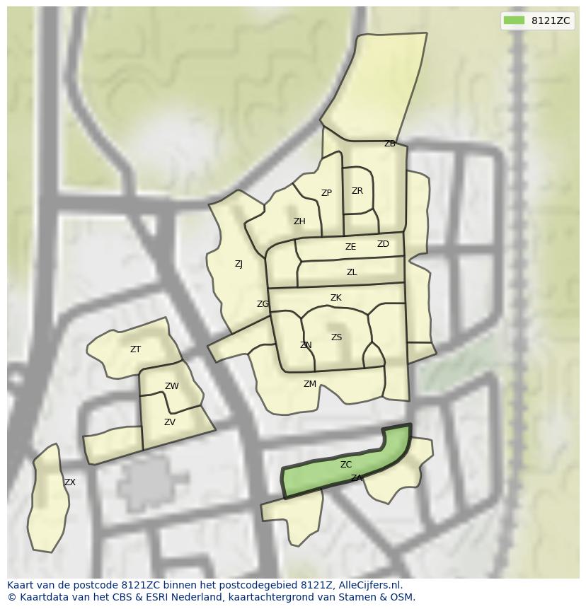 Afbeelding van het postcodegebied 8121 ZC op de kaart.