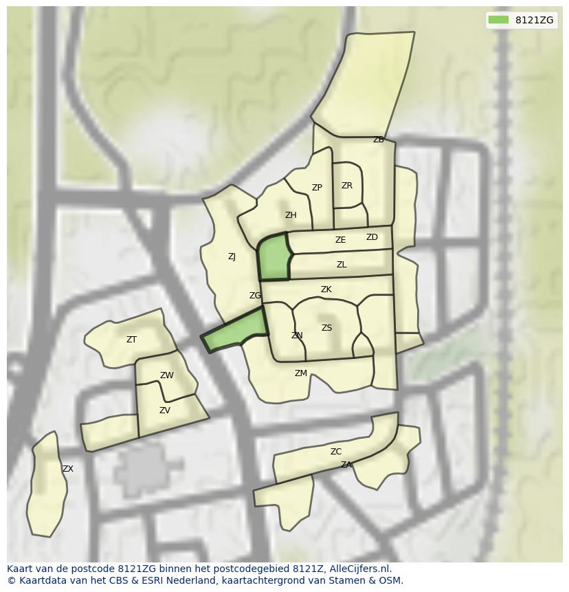 Afbeelding van het postcodegebied 8121 ZG op de kaart.