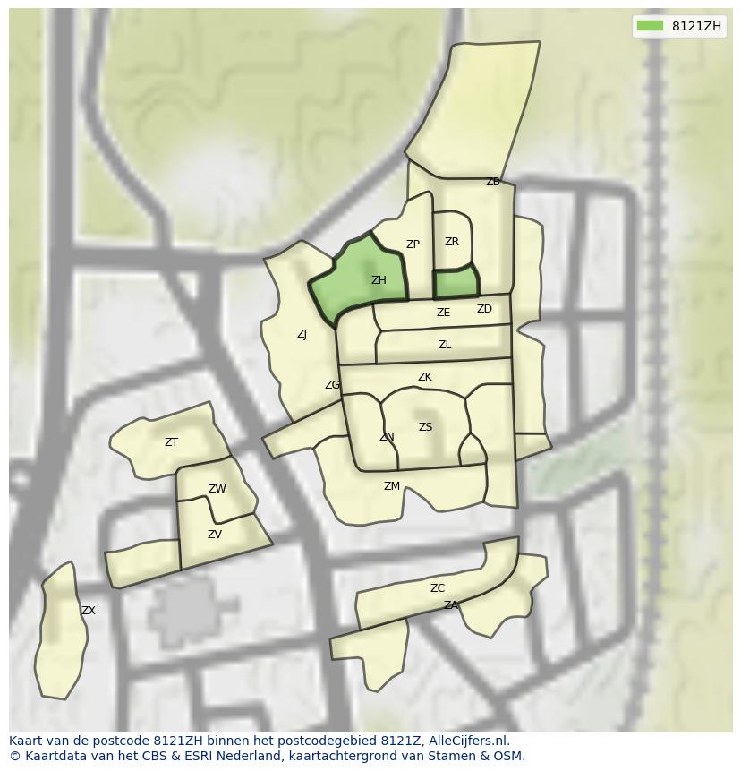 Afbeelding van het postcodegebied 8121 ZH op de kaart.