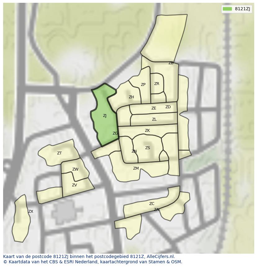 Afbeelding van het postcodegebied 8121 ZJ op de kaart.