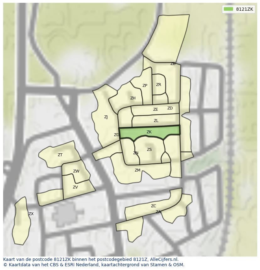 Afbeelding van het postcodegebied 8121 ZK op de kaart.
