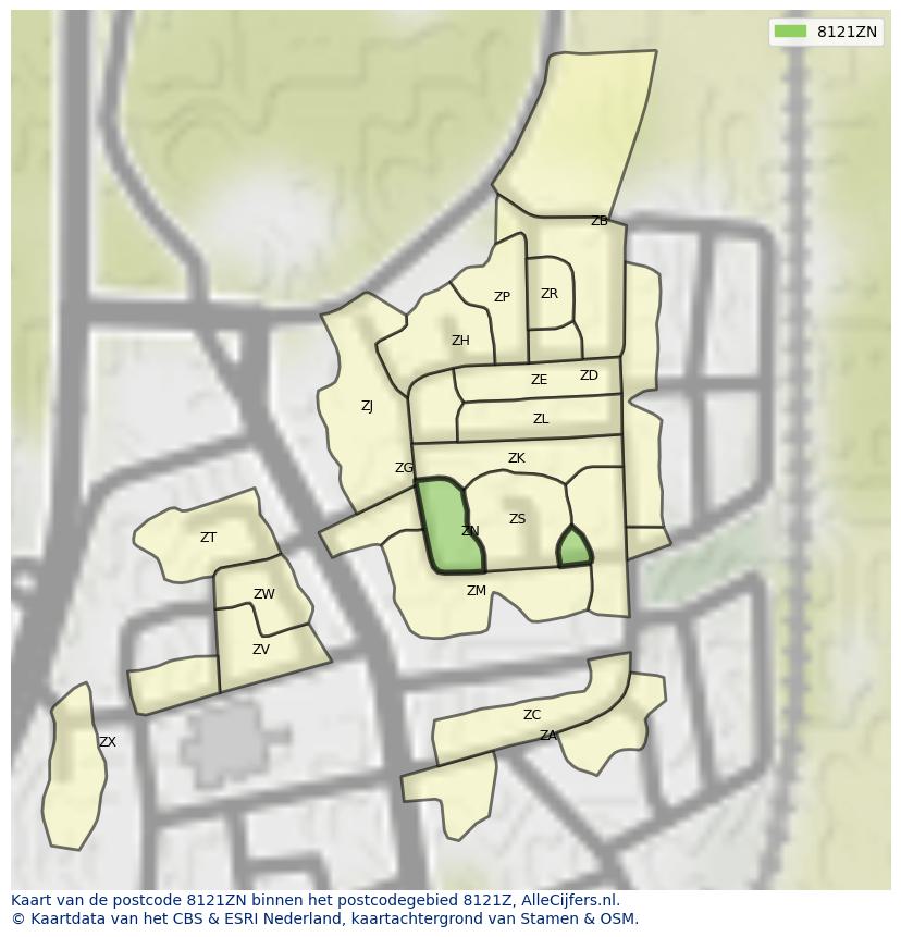 Afbeelding van het postcodegebied 8121 ZN op de kaart.