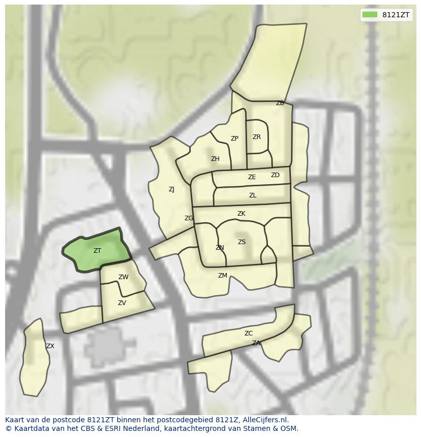 Afbeelding van het postcodegebied 8121 ZT op de kaart.