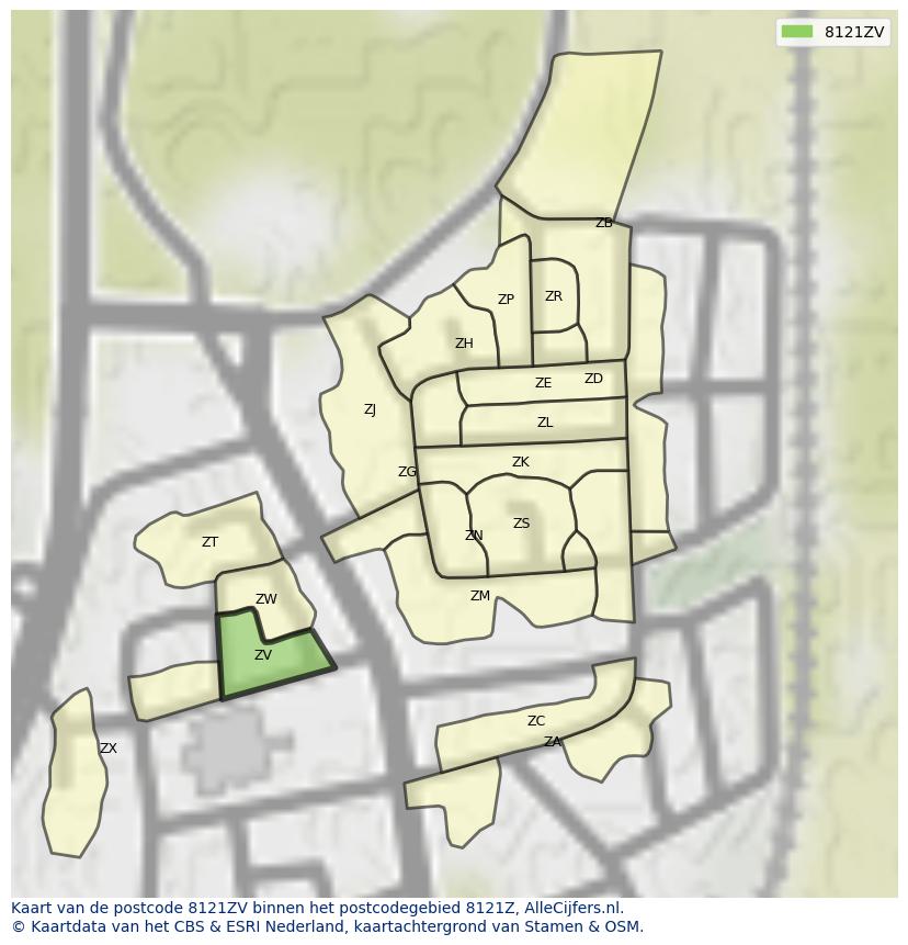 Afbeelding van het postcodegebied 8121 ZV op de kaart.