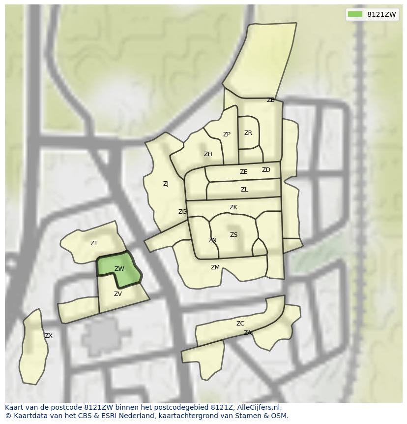 Afbeelding van het postcodegebied 8121 ZW op de kaart.
