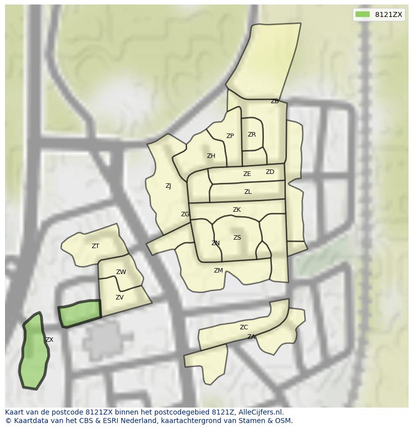 Afbeelding van het postcodegebied 8121 ZX op de kaart.