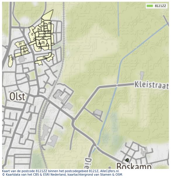 Afbeelding van het postcodegebied 8121 ZZ op de kaart.
