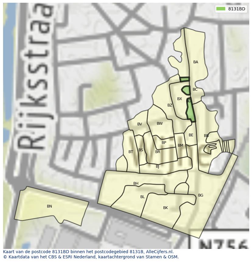 Afbeelding van het postcodegebied 8131 BD op de kaart.