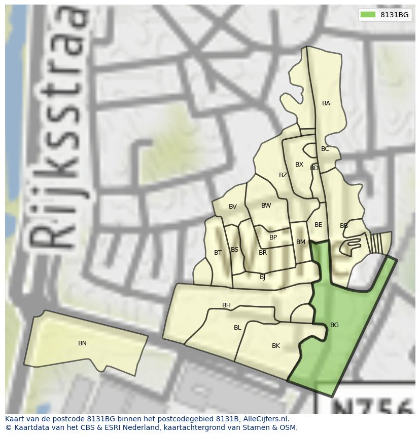Afbeelding van het postcodegebied 8131 BG op de kaart.